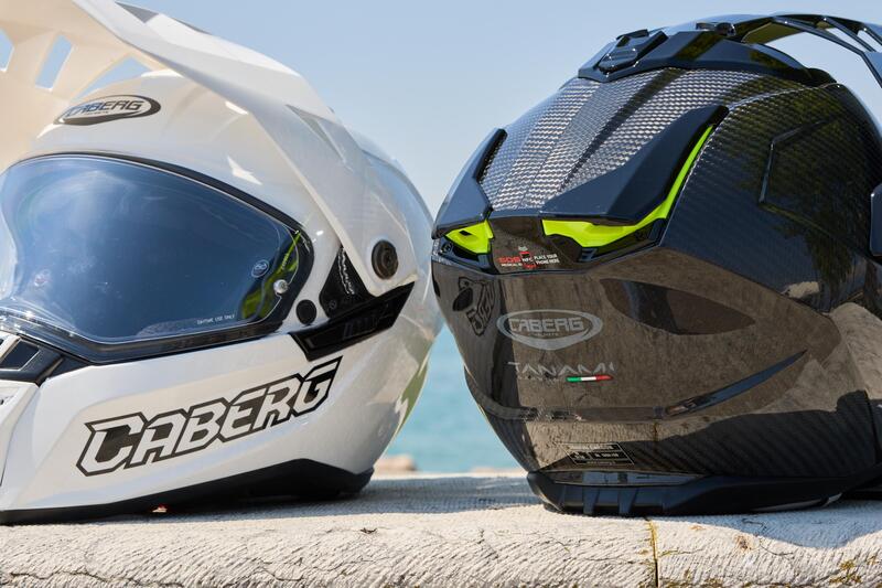 Front and rear detail of the Caberg Tanami full-face helmet in white and carbon fiber versions