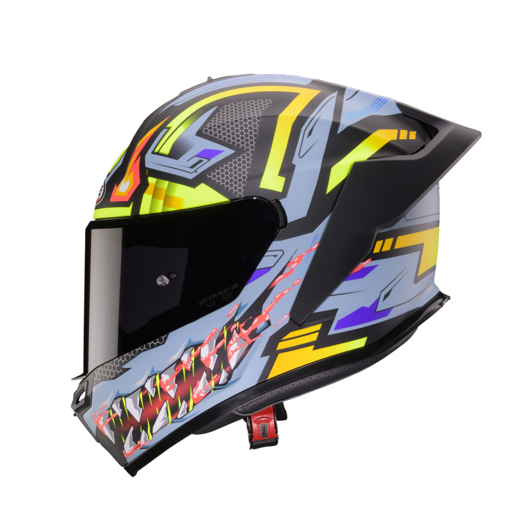 Caberg Roxter Hunter multicolor helmet, side view with dark tinted visor.