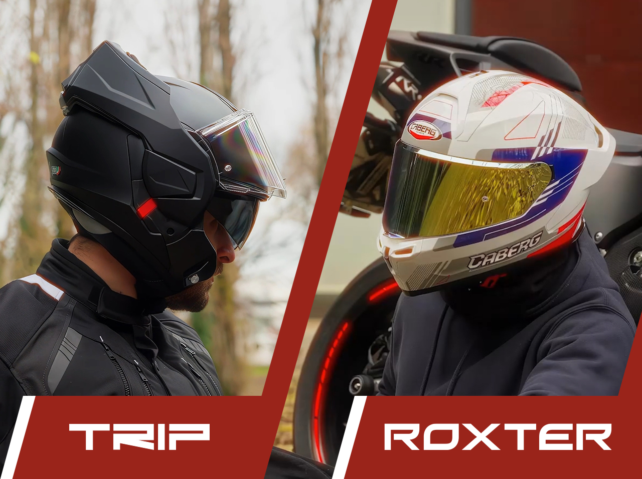 Caberg Trip matte black helmet and Caberg Roxter Colt helmet