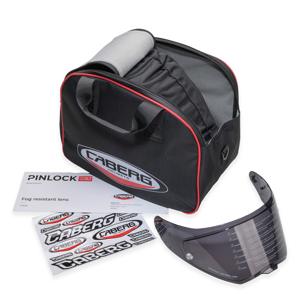 Accessori casco Caberg GP01 Carbon: sacca, visiera extra scura, lente Pinlock e adesivi
