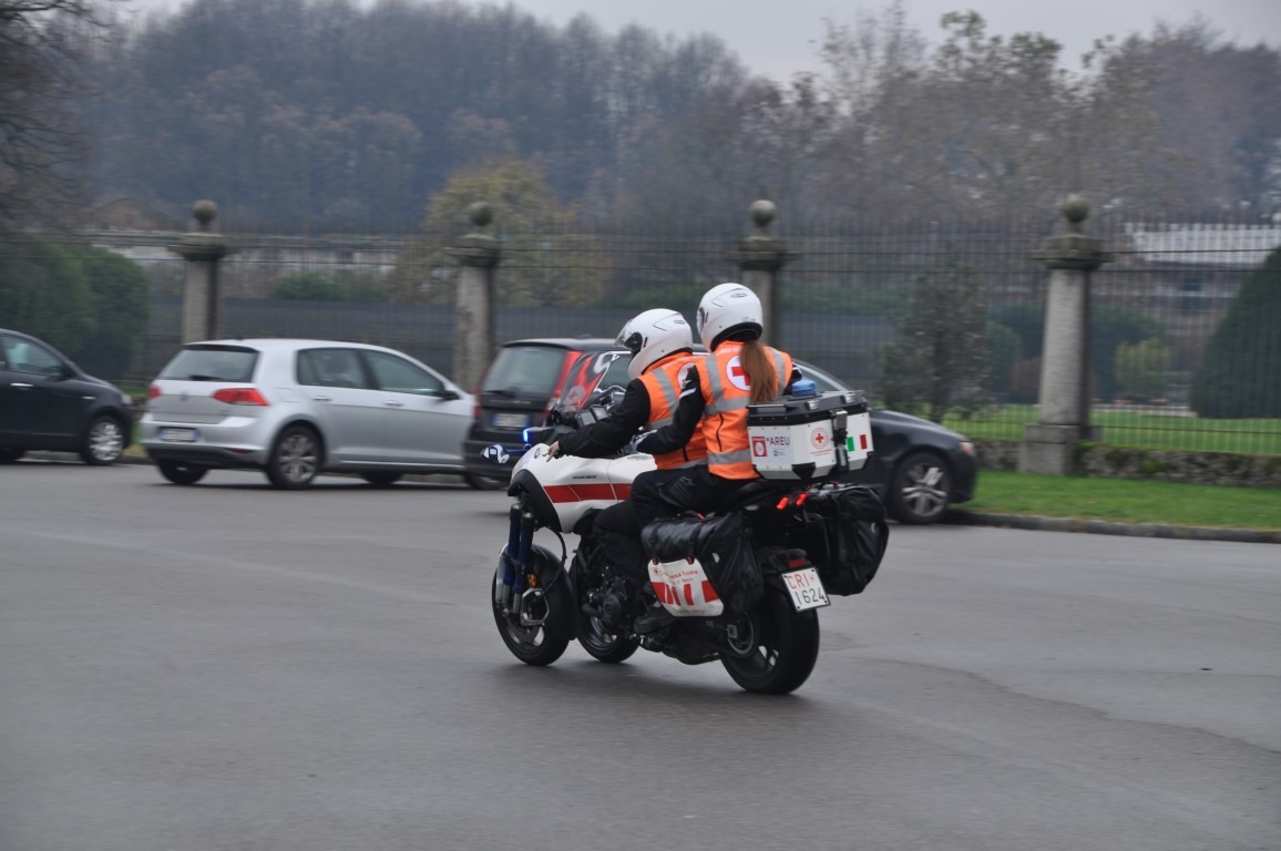 Italian Red Cross Monza with Caberg LEVO X helmets riding the motorcycle